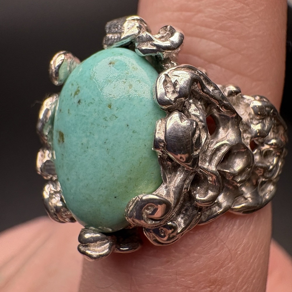 Vintage Turquoise Sterling Silver Ring Modernist Brutalist 8.25 Lost Wax Organic